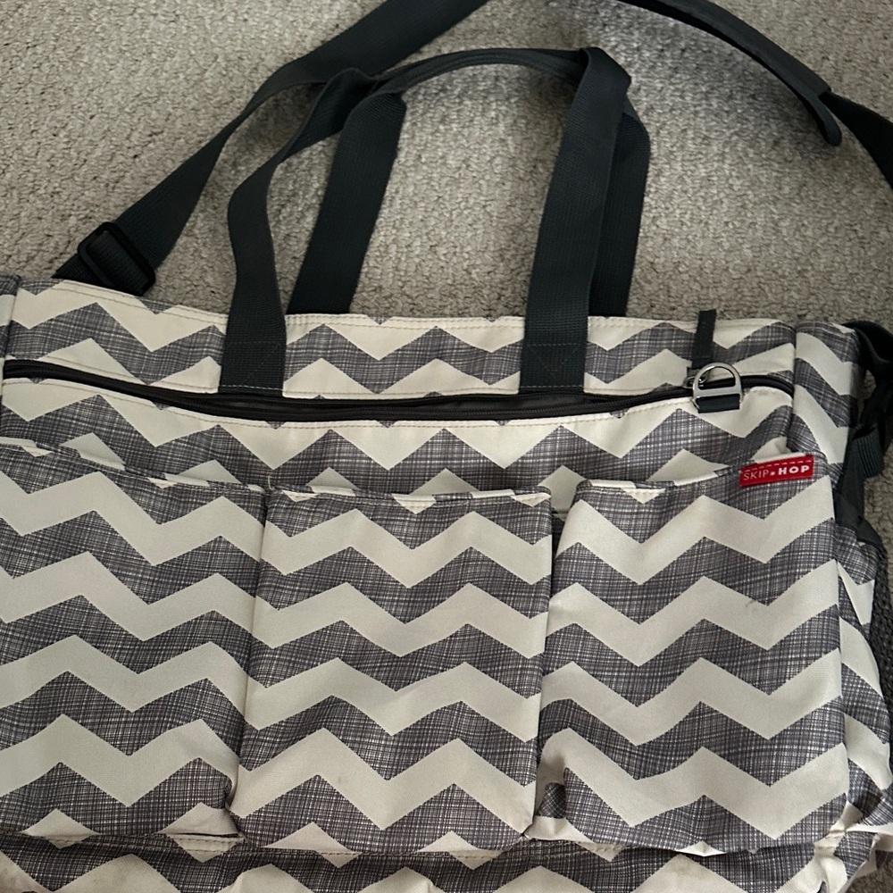Skip Hop Chevron Diaper Bag with Gray Straps and black changing pad